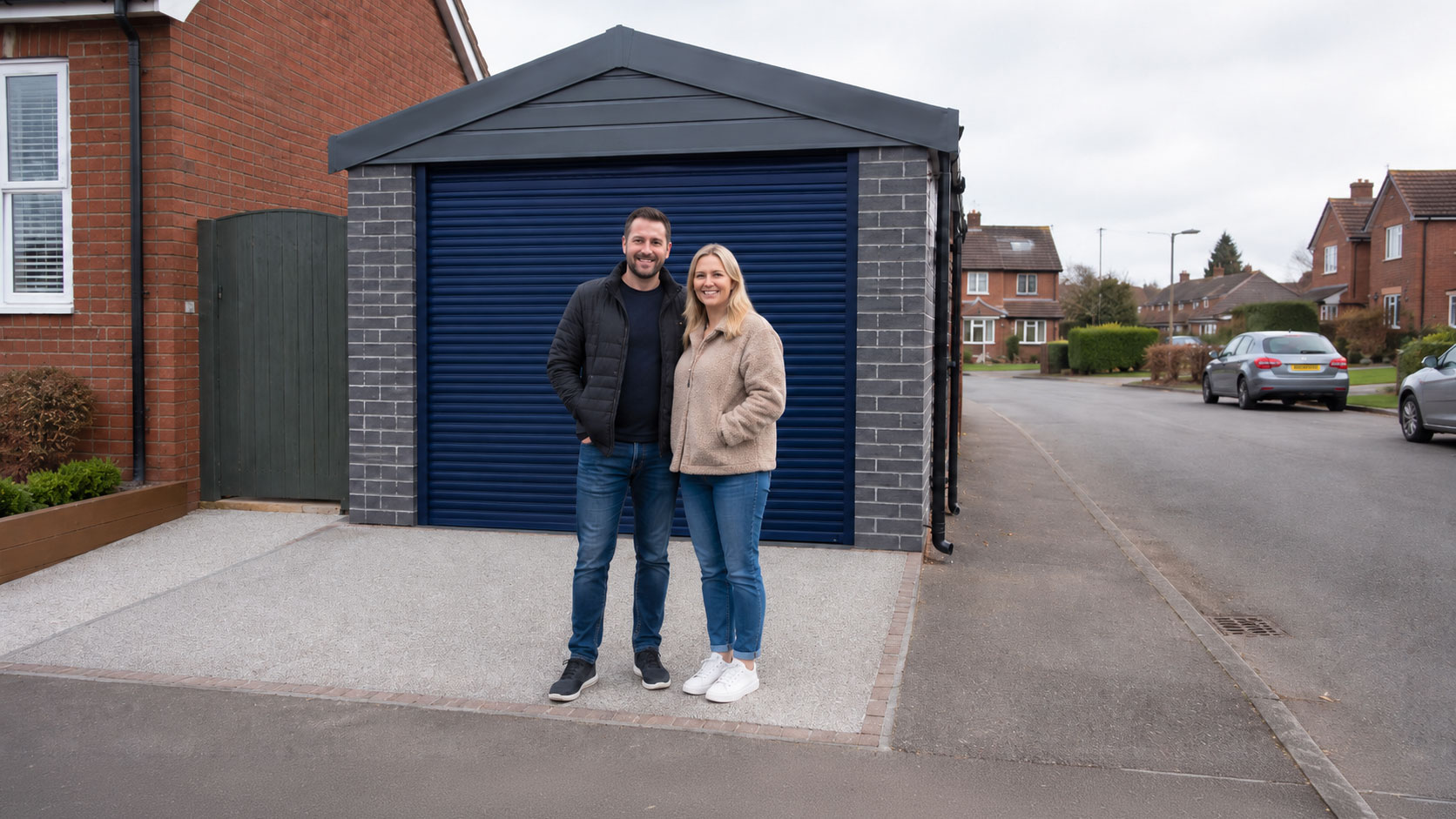 Couple in Front of Precast Concrete Garage