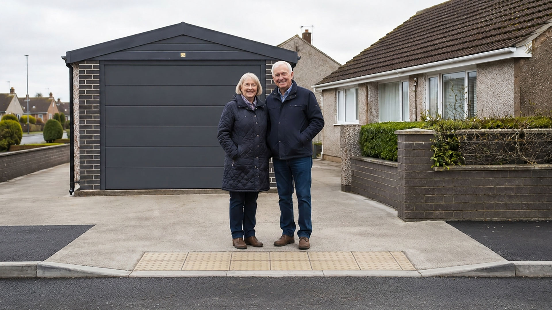 Mature couple in front of concrete garage